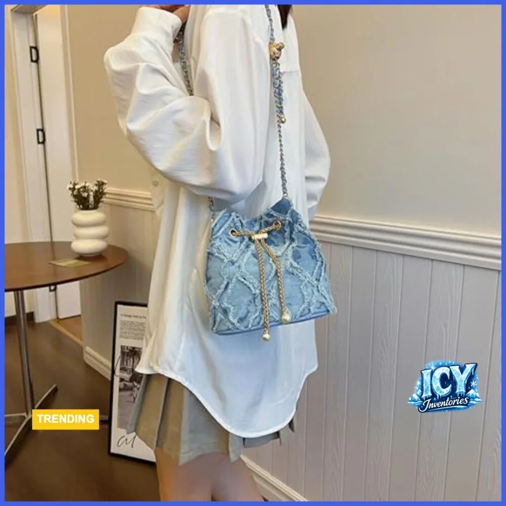 Denim Bucket Bag Quilted Drawstring Hobo Crossbody Handbag
